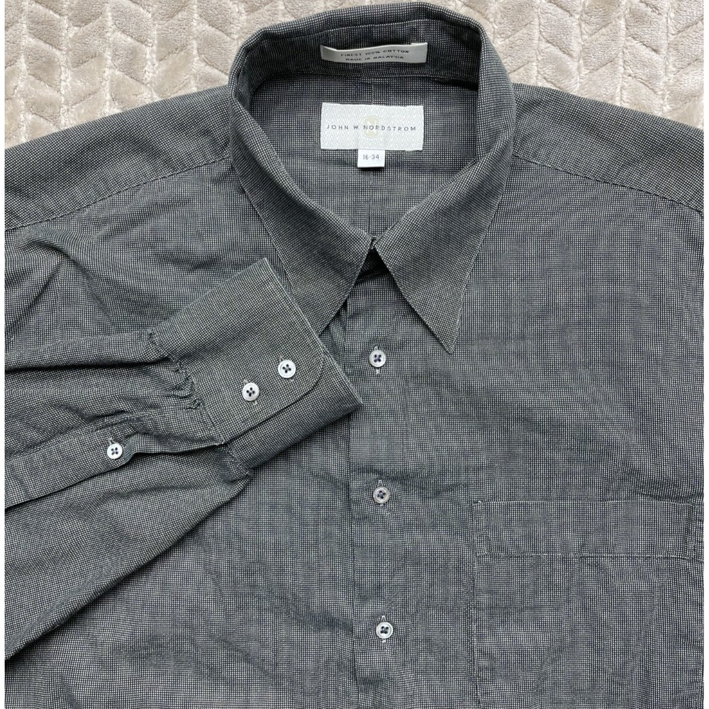 John W Nordstrom Men Size Large 16-34 Grey Long Sleeve Button Down Shirt